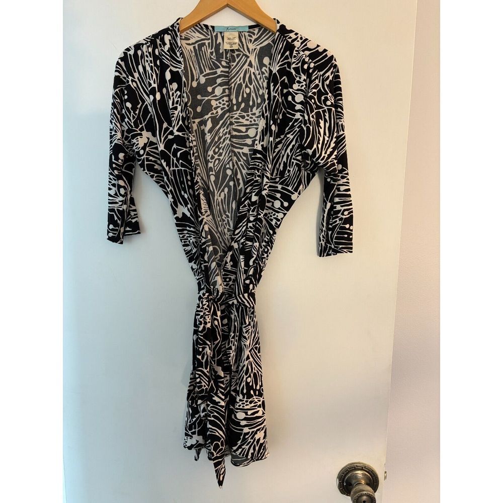 Marciano Wrap Dress Womens Small Black White Polyester Long Sleeve Tie‎ Waist
